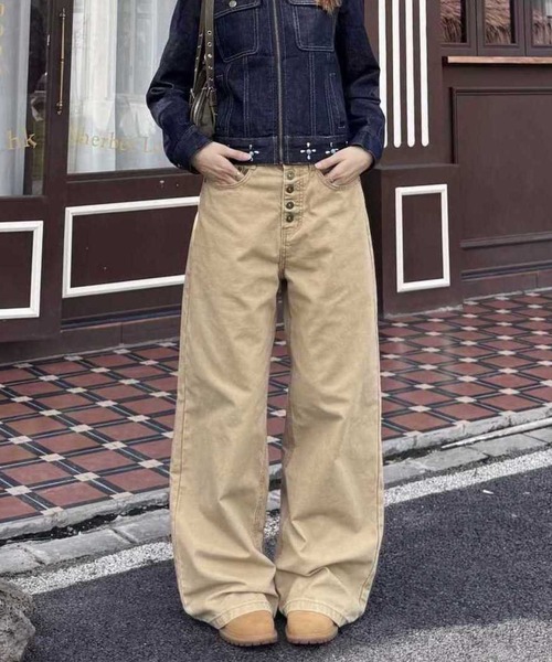 FreeZone カーゴパンツ マルチボタンハイウエストワイドデニム メンズ