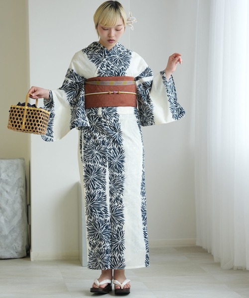 utatane 浴衣 浴衣 単品 ニコアンティーク クリーム麻の葉と鉄紺よろけ
