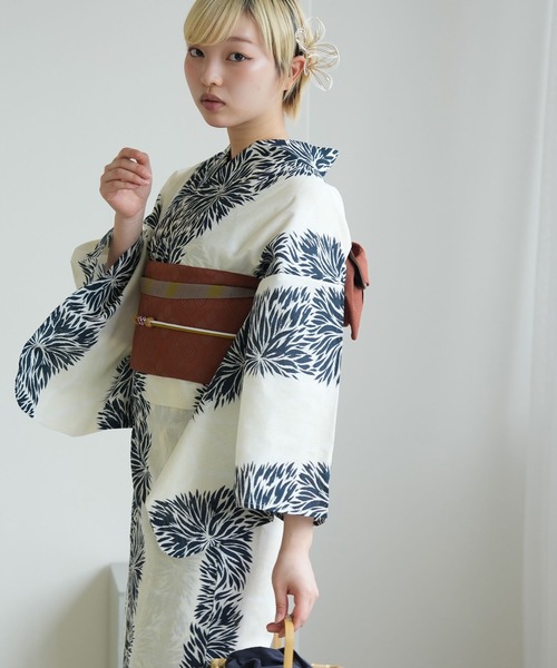 utatane 浴衣 浴衣 単品 ニコアンティーク クリーム麻の葉と鉄紺よろけ