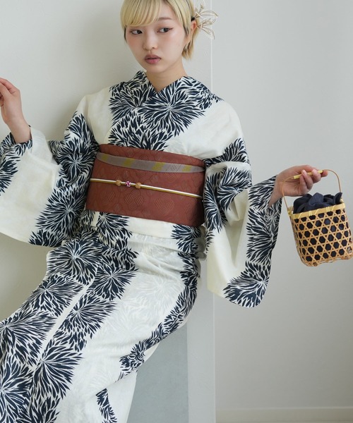 utatane 浴衣 浴衣 単品 ニコアンティーク クリーム麻の葉と鉄紺よろけ