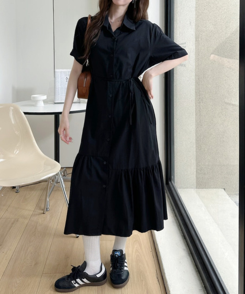 Ada. シャツワンピース 裾フレア 切替 シャツ ロング ワンピース