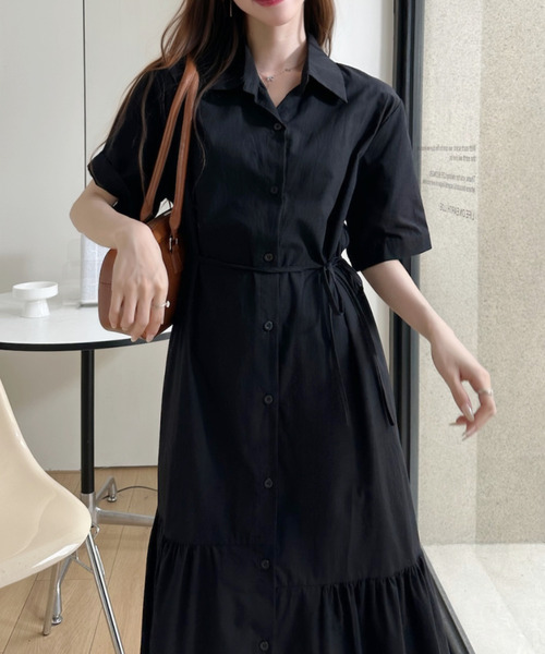 Ada. シャツワンピース 裾フレア 切替 シャツ ロング ワンピース