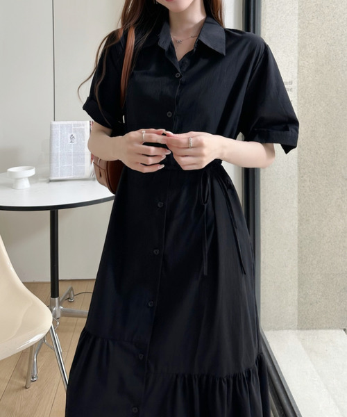 Ada. シャツワンピース 裾フレア 切替 シャツ ロング ワンピース