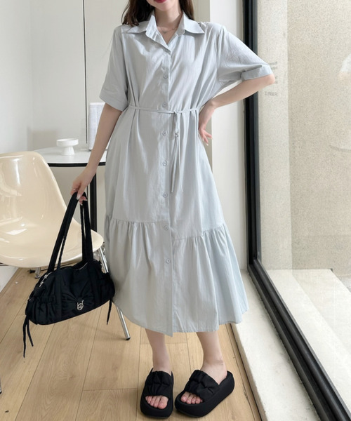 Ada. シャツワンピース 裾フレア 切替 シャツ ロング ワンピース