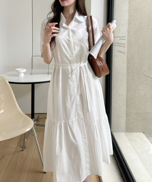 Ada. シャツワンピース 裾フレア 切替 シャツ ロング ワンピース