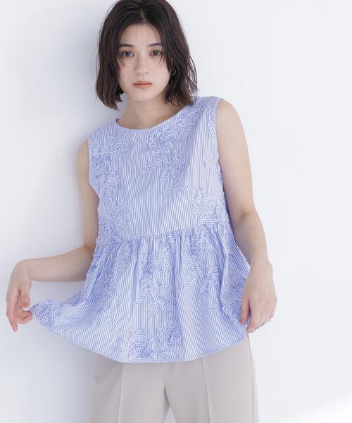 ブラウス シャツ テープ刺繍ペプラムシャツ レディースの画像