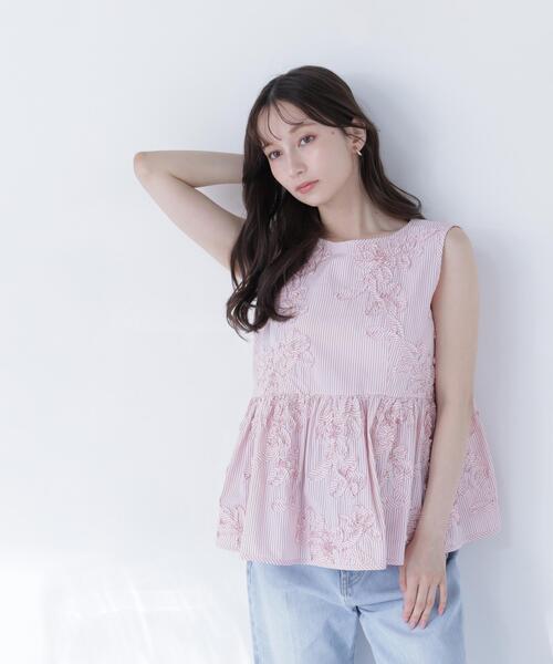 ブラウス シャツ テープ刺繍ペプラムシャツ レディースの画像