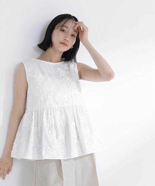 ブラウス シャツ テープ刺繍ペプラムシャツ レディースの画像