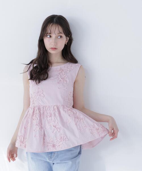 ブラウス シャツ テープ刺繍ペプラムシャツ レディースの画像
