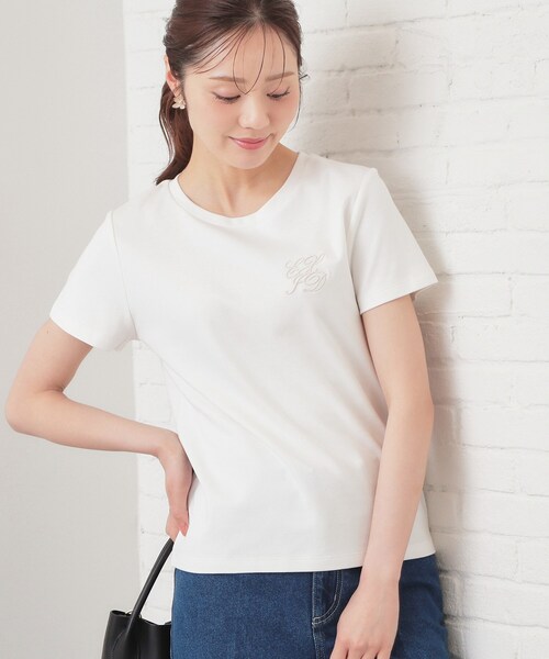 新品☆ホワイト XS ロゴ刺繍 半袖Tシャツ index（インデックス） tシャツ 半袖 「接触冷感」エンブレムロゴ刺繍T
