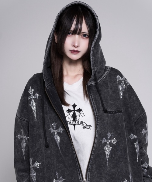 REFLEM レフレム クロス総柄ラインストーンジップパーカーブラック×ホワイト REFLEM（レフレム） パーカー 「REFLEM/レフレム」クロス総柄ライン