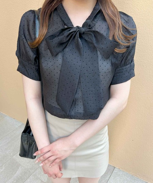♥ドットシフォン半袖ブラウス♥ frunco ブラウス シャツ 半袖ドットシフォンボウタイブラウス