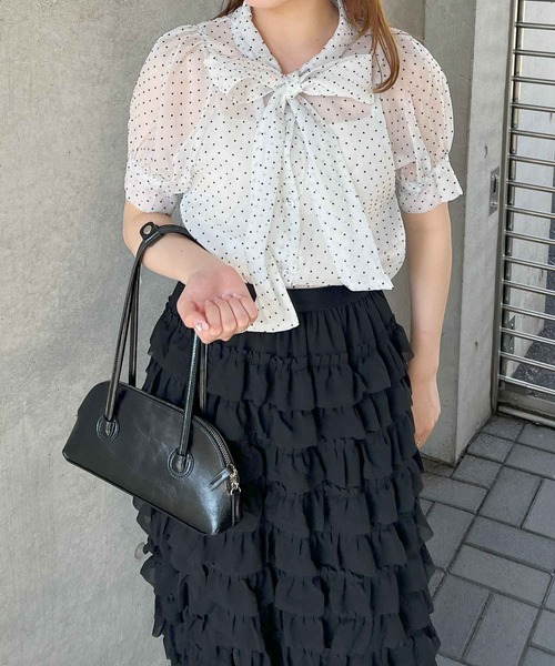 frunco ブラウス シャツ 半袖ドットシフォンボウタイブラウス