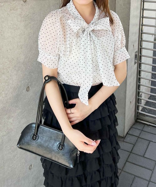 frunco ブラウス シャツ 半袖ドットシフォンボウタイブラウス