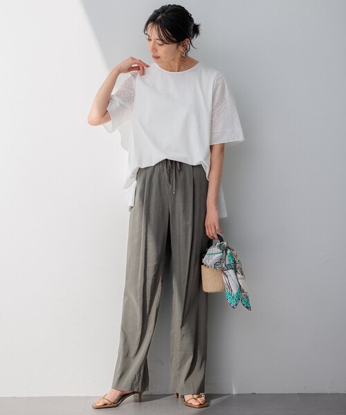 23区 【洗える】エンブロイダリーコンビジャージーカットソー 大きいサイズ 23区 tシャツ 「洗える」エンブロイダリー コンビジャージー
