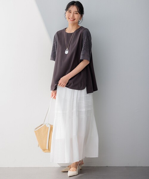 23区 【洗える】エンブロイダリーコンビジャージーカットソー 大きいサイズ 23区 tシャツ 「洗える」エンブロイダリー コンビジャージー