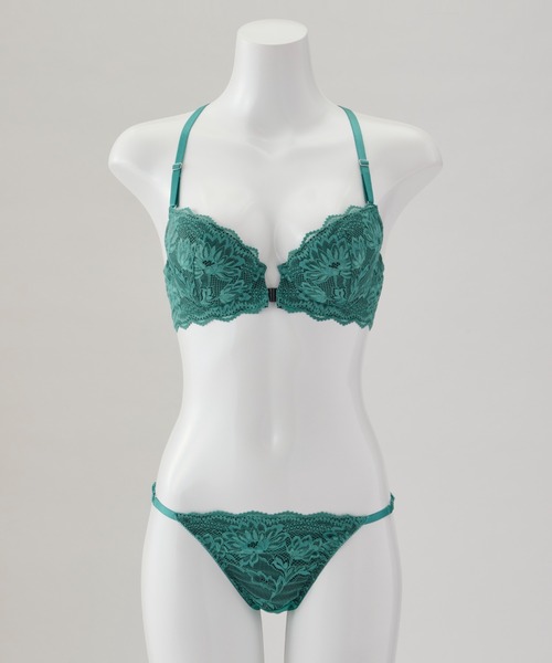 ノンワイヤーブラ　ショーツ　下着セット　フロントホック　グリーン　シンプル Lace Ladies ブラジャー ショーツセット フロントホックノン