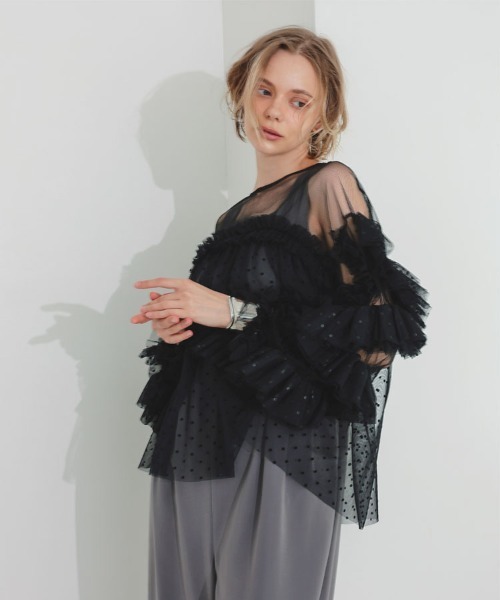ANDRESD チュールフリルブラウス　トップスボリューム袖　結婚式　お呼ばれ DONOBAN チュニック 「ANDRESD」decorative tulle tops チュール