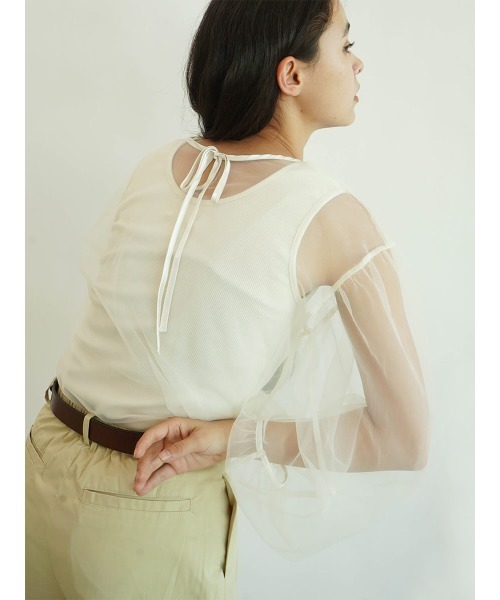 tシャツ Back ribbon  tulle blouse レディース