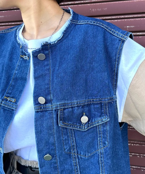 ベスト ジレ 「ELOOPS」カットオフフリンジ ニュアンスデニムベスト レディース メンズ ベスト ジレ 「ELOOPS」カットオフフリンジ ニュアンスデニム