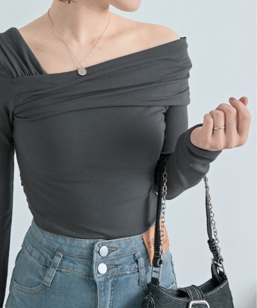 tシャツ オフショルダー ドレープ ロング スリーブ トップス