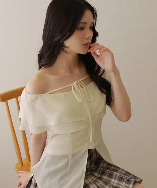 ブラウス シャツ *M DOLLY original* ribbon frill chiffon tops/リボンフリルシフォントップス レディース