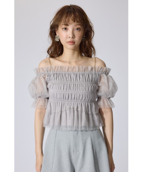 ブラウス シャツ 「AKB48 水島美結さん着用」シアーオフショルショートスリーブブラウス 夏服 シアートップス レディース rienda ブラウス シャツ 「AKB48 水島美結さん着用」シアー