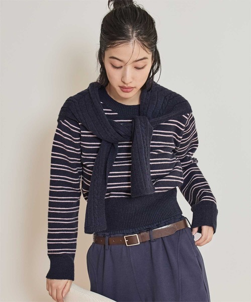 ネット完売☆マルチボーダーニットNVY miette（ミエット） ニット セーター ショール付きマルチボーダー