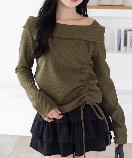 カットソー(長袖/七分) BELTED LAYERED RIB TOP osharewalker（オシャレウォーカー） カットソー 七分袖 レディース
