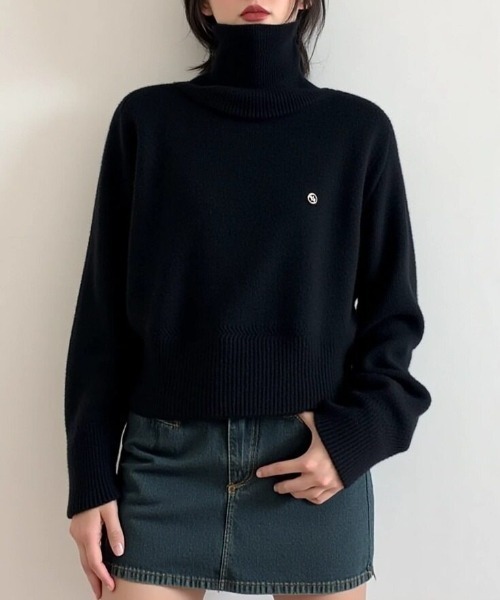 DECEMBERMAY タートルネック ハイネック ニットセーター ブラック cammie ニット セーター 折り返しハイネックニット レディース