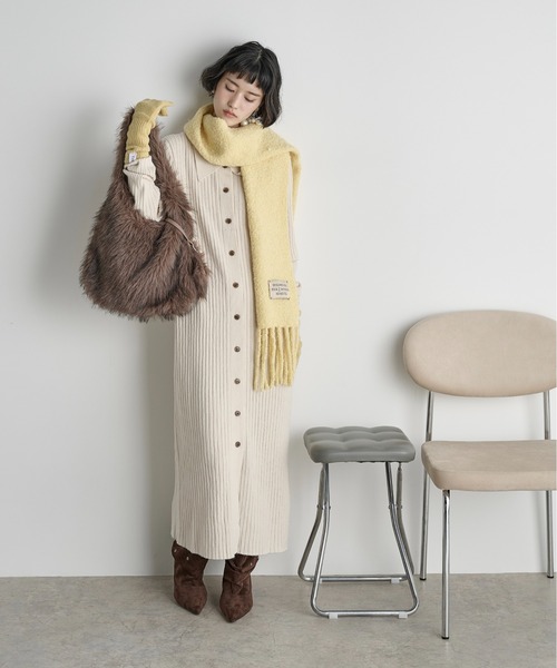 THE Yon マフラー ストール ウール混ブークレフリンジマフラー