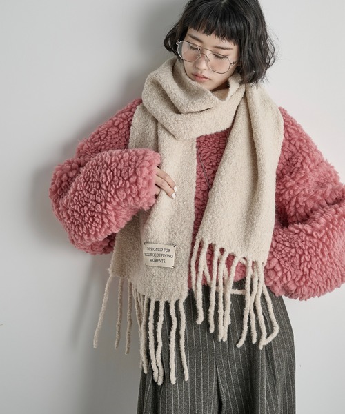 THE Yon マフラー ストール ウール混ブークレフリンジマフラー