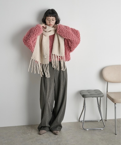 黒いウール混合マフラー フリンジ付き RAGEBLUE（レイジブルー） マフラー ラッセル編み/ボリュームフリンジ