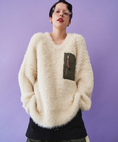 OMMO（オーエムエムオー） ニット セーター V NECK SHAGGY KNIT TOP