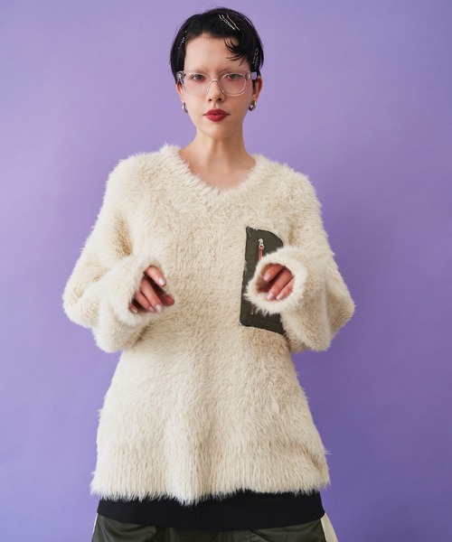 トップス ommo OMMO（オーエムエムオー） ニット セーター V NECK SHAGGY KNIT TOP