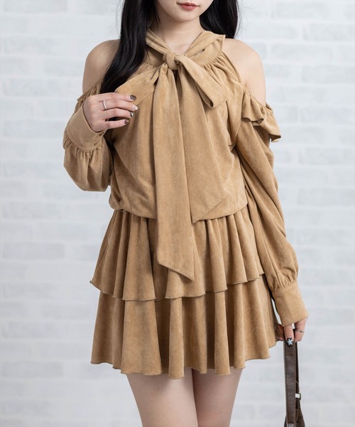 clear ワンピース 2wayリボンフェイクスエード長袖ミニワンピース