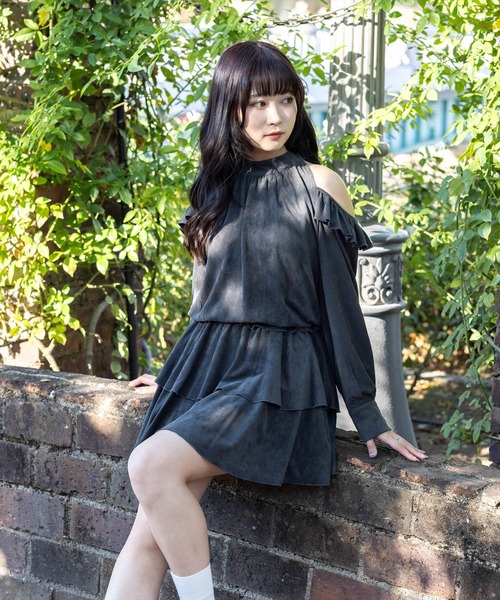 clear ワンピース 2wayリボンフェイクスエード長袖ミニワンピース