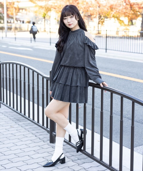 clear ワンピース 2wayリボンフェイクスエード長袖ミニワンピース