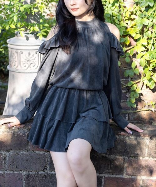 clear ワンピース 2wayリボンフェイクスエード長袖ミニワンピース