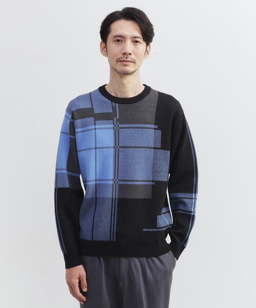 tk. TAKEO KIKUCHI 青系チェックセーター M TAKEO KIKUCHI 