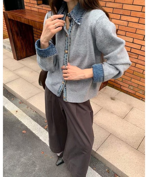 inst.ALL カーディガン デニム切り替えニットカーディガン レディース