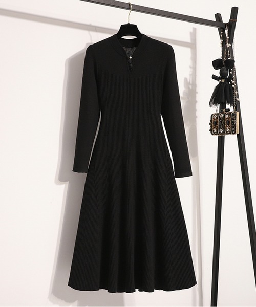 LUCPY ワンピース リブ編み フロントボタン フレアニットワンピース