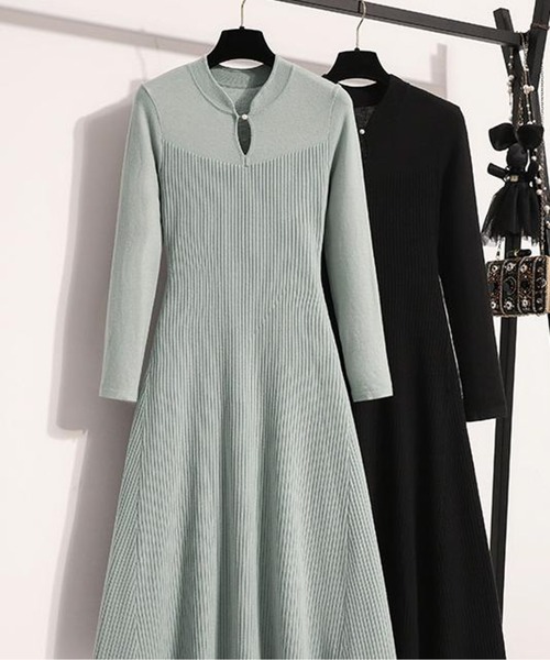 LUCPY ワンピース リブ編み フロントボタン フレアニットワンピース