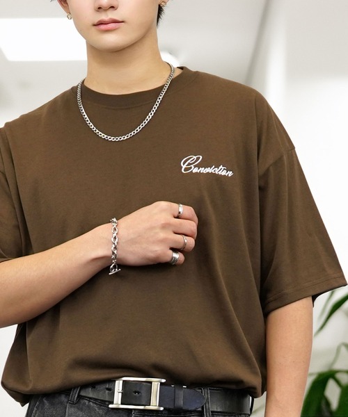 尚幸様　ダークブラウン 半袖Tシャツ 刺繍ロゴ付き tシャツ 刺繍 ワイド 半袖 Tシャツ ロゴ キャラ ハート メンズ