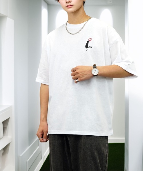 ホワイト Tシャツ 刺繍ロゴ付き tシャツ 刺繍 ワイド 半袖 Tシャツ ロゴ キャラ ハート メンズ