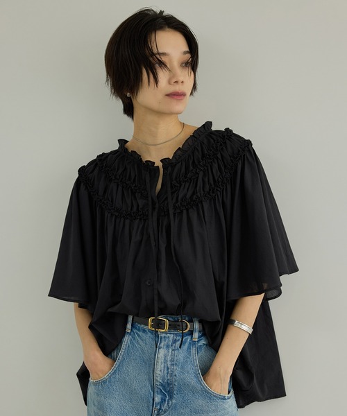 CRINKLE CRINKLE CRINKLE 刺繍半袖シャツブラウス 黒 crinkle crinkle crinkle（クリンクル クリンクル クリンクル