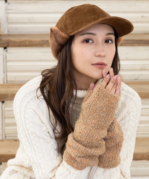 ファー付きホワイトコーデュロイ　キャップ QUEENHEAD キャップ 帽子 コーデュロイファーキャップ