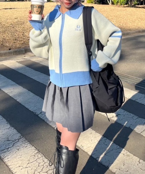 nemne カーディガン 配色ダブルジップカーディガン レディース