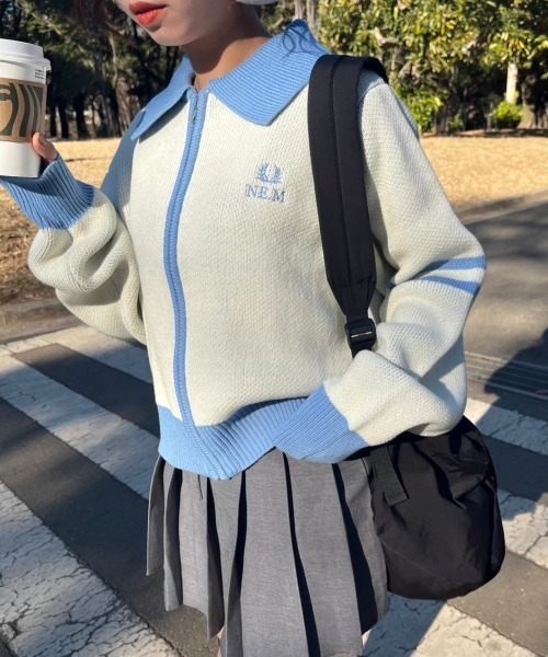 nemne カーディガン 配色ダブルジップカーディガン レディース  