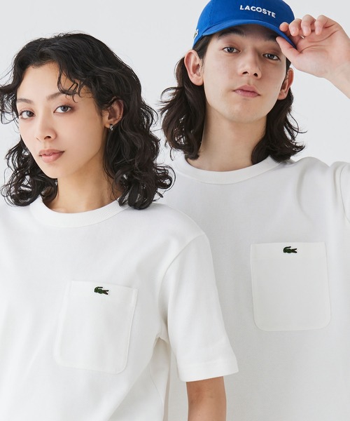 送料関税込み LACOSTE リブネック鹿の子地Tシャツ ホワイト LACOSTE tシャツ 鹿の子地ポケット半袖Tシャツ メンズ